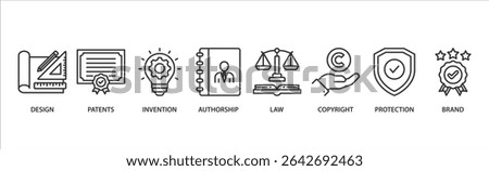 Intellectual property banner web icon vector illustration concept for trademark with icon of design, patents, invention, authorship, law, copyright, protection, and brand.