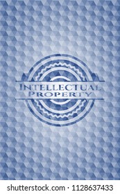 Intellectual property blue badge with geometric pattern.
