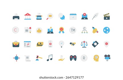 Propriedade intelectual, marca comercial e direitos autorais, conjunto de ícones de cores de proteção de licença. Documentos legais e garantia, patente proteger direitos de propriedade de conteúdo, criatividade ilustração vetor plana