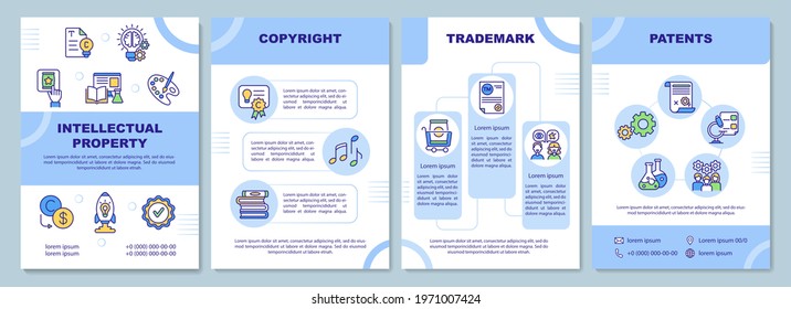 Intellectual property brochure template. Copyright. Flyer, booklet, leaflet print, cover design with linear icons. Vector layouts for presentation, annual reports, advertisement pages