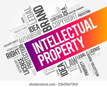 Intellectual Property - category of property that includes intangible creations of the human intellect, word cloud text concept background