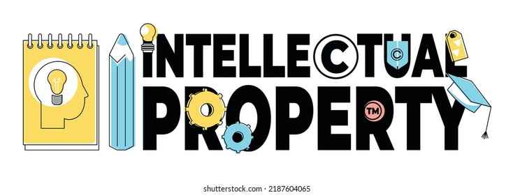 Intellectual property composition with text flat icons of gears trademark pictogram academic hat pencil and notebook vector illustration