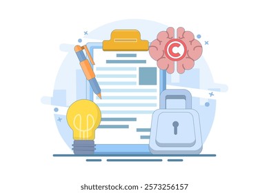 Intellectual property concept. Copyright. Small authors protect legal information ideas with trademarks. Screen templates for landing pages, templates, interfaces, web, mobile apps, posters, banners