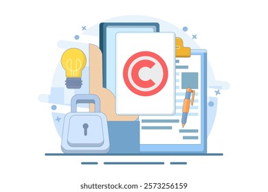 Intellectual property concept. Copyright. Small authors protect legal information ideas with trademarks. Screen templates for landing pages, templates, interfaces, web, mobile apps, posters, banners