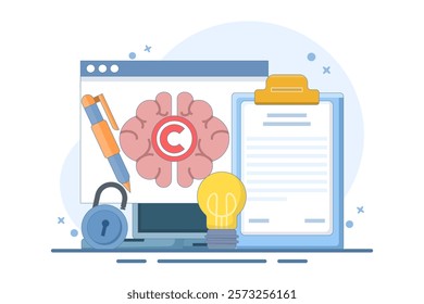 Intellectual property concept. Copyright. Small authors protect legal information ideas with trademarks. Screen templates for landing pages, templates, interfaces, web, mobile apps, posters, banners