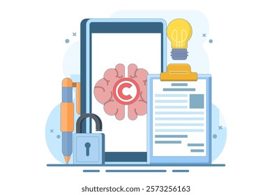 Intellectual property concept. Copyright. Small authors protect legal information ideas with trademarks. Screen templates for landing pages, templates, interfaces, web, mobile apps, posters, banners