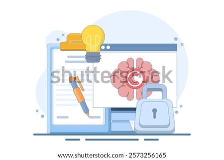 Intellectual property concept. Copyright. Small authors protect legal information ideas with trademarks. Screen templates for landing pages, templates, interfaces, web, mobile apps, posters, banners