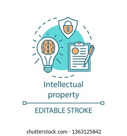 Intellectual Property Concept Icon. Copyright Protection Idea Thin Line Illustration. Digital Rights Defense. Patent License Agreement. Plagiarism. Vector Isolated Outline Drawing. Editable Stroke