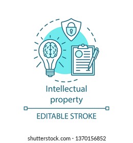 Intellectual Property Concept Icon. Digital Rights Protection Idea Thin Line Illustration. Copyright Defense. Patent License Agreement. Plagiarism. Vector Isolated Outline Drawing. Editable Stroke