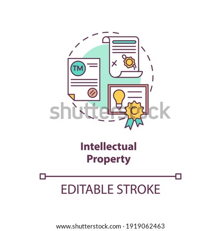 Intellectual property concept icon. Intangible asset idea thin line illustration. Mental-work products. Copyrights, patents, trademarks. Vector isolated outline RGB color drawing. Editable stroke