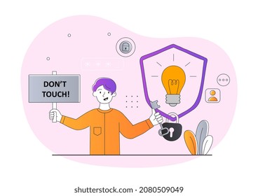 Intellectual property concept. Male entrepreneur asks not to touch his idea and closes light bulb with lock. Copyright protection, patented product or trademark. Cartoon flat vector illustration