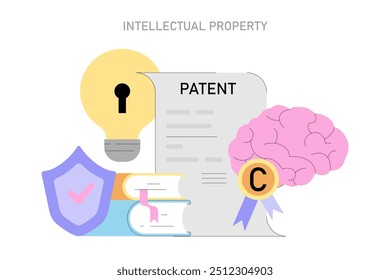 Intellectual Property concept. Protecting creativity and innovation with patents and copyright illustrated with a lightbulb and brain. Vector illustration.