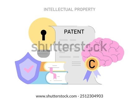 Intellectual Property concept. Protecting creativity and innovation with patents and copyright illustrated with a lightbulb and brain. Vector illustration.