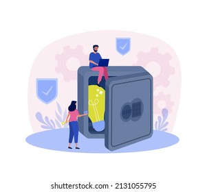 Intellectual property concept. Team put light bulb in safe. Innovation and legislation, legal protection of idea. Modern world and protection of talented authors. Cartoon flat vector illustration