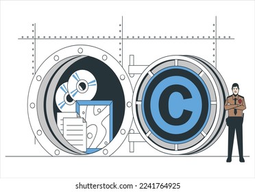 Intellectual property, concept. Trademark license, patent. Authors, co-founders hangs padlock on copyright sign. Copyright protection, prohibition of copying and use of trademark. Vector illustration