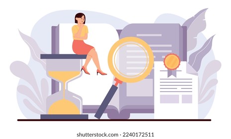 Intellectual property concept. Woman with magnifying glass evaluates documents and books. Copywriter and freelancer, talented author. Creative personality, copyright. Cartoon flat vector illustration