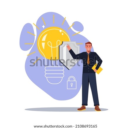 Intellectual property concept. Young man stands next to light bulb and large shield. Patented product, copyright, trademark and prohibition of copying. Cartoon modern flat vector illustration