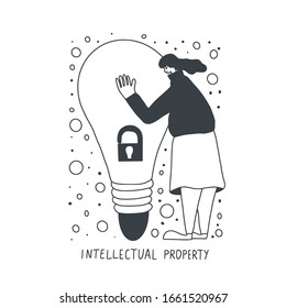 Intellectual property concept. Young woman dressed in skirt and 	sweater trying to protect her idea isolated on white background. Cute female person hugging a huge bulb. Vector hand drawn illustration