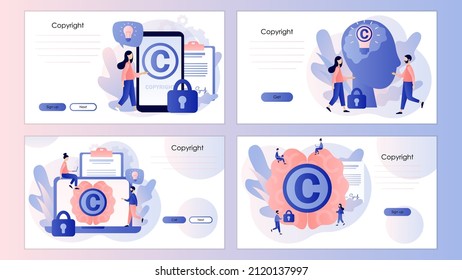 Intellectual Property. Copyright. Tiny Authors Protecting Idea's Legal Information With Trademark. Screen Template For Landing Page, Template, Ui, Web, Mobile App, Poster, Banner, Flyer. Vector 