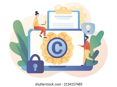 Intellectual Property. Copyright. Tiny Authors Protecting Idea's Legal Information With Trademark Online. Trading Data Licenses. Modern Flat Cartoon Style. Vector Illustration On White Background