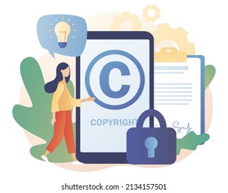 Intellectual property. Copyright. Tiny woman author protecting idea's legal information with trademark online. Trading data licenses. Modern flat cartoon style. Vector illustration on white background