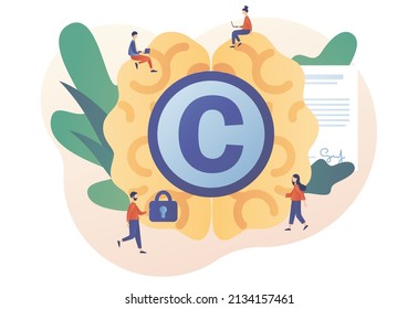 Intellectual property. Copyright. Trading data licenses. Tiny authors protecting idea's legal information with trademark. Modern flat cartoon style. Vector illustration on white background