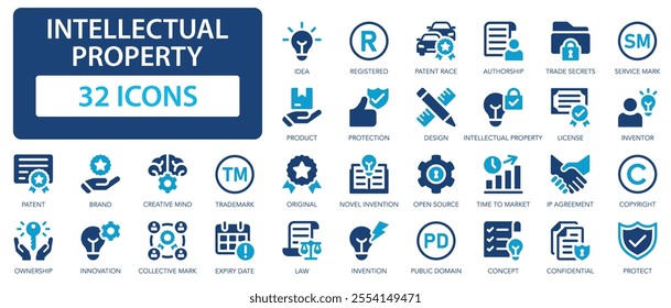 Intellectual property flat icons collection. Property, copyright, brand, trademark, patent, idea, licence, protection, invention sign set.