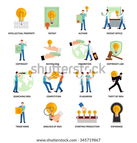 Intellectual property flat icons   set with author trademark copyright symbols isolated vector illustration