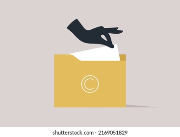 Intellectual property fraud, A hand stealing a sheet of paper from a folder with a big copyright sign