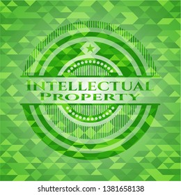 Intellectual property green emblem with triangle mosaic background