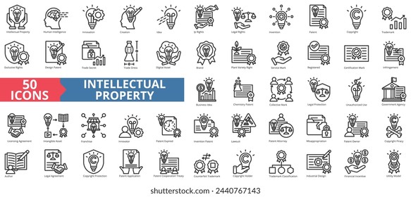 Intellectual property icon collection set. Containing human intelligence, innovation, creation, idea, ip, legal, invention icon. Simple line vector.