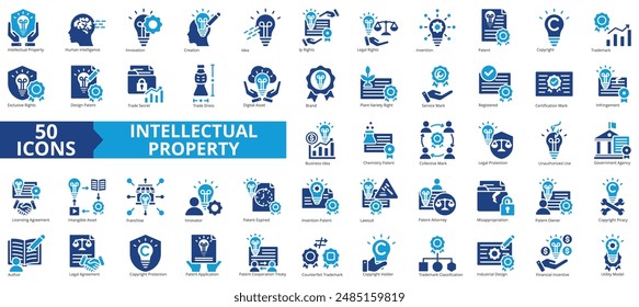 Intellectual property icon collection set. Containing human intelligence, innovation, creation, idea, ip, legal, invention icon. Simple flat vector.