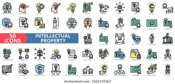 Intellectual property icon collection set. Containing human intelligence, innovation, creation, idea, ip, legal, invention icon. Simple flat outline vector illustration