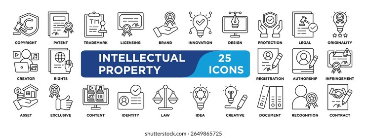 Conjunto de coleta de ícone PROPRIEDADE INTELECTUAL. Contendo copyright,patente,marca comercial,licenciamento,marca,inovação,design,proteção,legal,ícone de originalidade. Vetor de linha simples.


