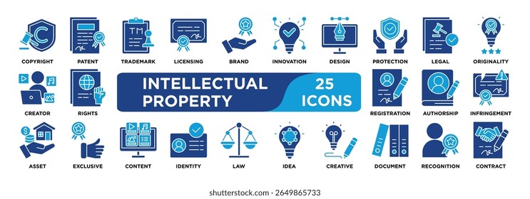 Conjunto de coleta de ícone PROPRIEDADE INTELECTUAL. Contendo copyright,patente,marca registrada,licenciamento,marca,inovação,design,proteção,legal,ícone de originalidade. vetor de tom duplo.
