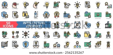 Intellectual property icon collection set. Containing human intelligence, innovation, creation, idea, ip, legal, invention icon. Simple flat outline vector illustration