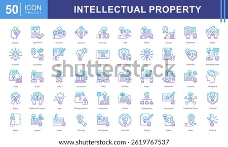 Intellectual Property icon collection set. Containing human intelligence, innovation, creation, idea, ip, legal, invention, certification, patent icon.