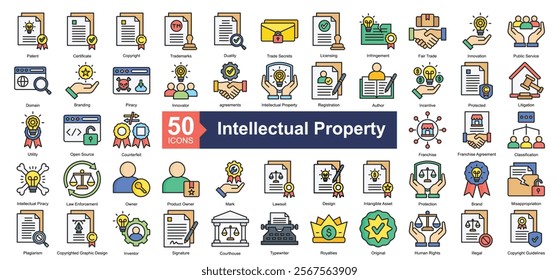 Intellectual Property Icon Collection Set.Containing patent, certificate, copyright, trademarks, duality icon. Simple lineal style Vector Illustration.	