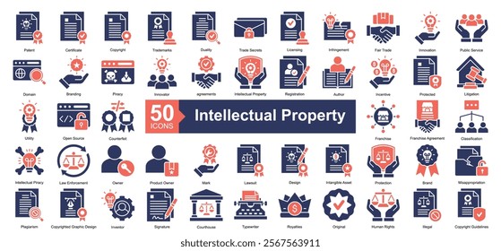 Intellectual Property Icon Collection Set.Containing patent, certificate, copyright, trademarks, duality icon. Simple dual tone style Vector Illustration.	