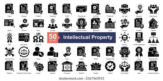 Intellectual Property Icon Collection Set.Containing patent, certificate, copyright, trademarks, duality icon. Simple glyph style Vector Illustration.	