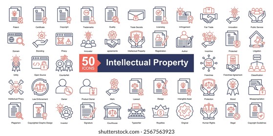 Intellectual Property Icon Collection Set.Containing patent, certificate, copyright, trademarks, duality icon. Simple dual tone style Vector Illustration.	