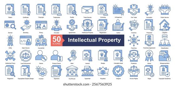 Intellectual Property Icon Collection Set.Containing patent, certificate, copyright, trademarks, duality icon. Simple blue style Vector Illustration.	