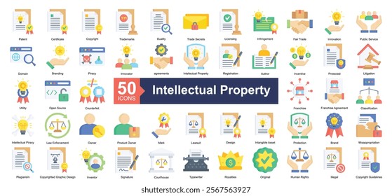 Intellectual Property Icon Collection Set.Containing patent, certificate, copyright, trademarks, duality icon. Simple flat style Vector Illustration.	