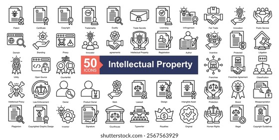 Intellectual Property Icon Collection Set.Containing patent, certificate, copyright, trademarks, duality icon. Simple line style Vector Illustration.	