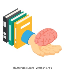 Icono de propiedad intelectual vector isométrico. El cerebro humano realista en mano abierta. Tecnología moderna, intelecto, mente