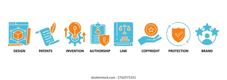 Intellectual property icon set Aqua Orange Flat concept for trademark with icon of design, patents, invention, authorship, law, copyright, protection, and brand
