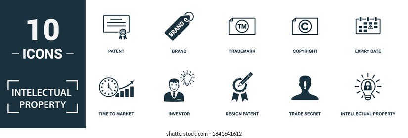 Intellectual Property icon set. Collection of simple elements such as the patent, brand, trademark, copyright. Intellectual Property theme signs.