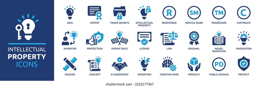 Intellectual property icon set. Containing copyright, trademark, registered, service mark, business idea, patent symbols and more. Business concept icon collection. Vector illustration.