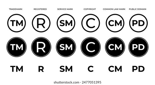 Conjunto de iconos de Propiedad intelectual. Contiene Derechos de autor, Marca comercial, registro, Marca de servicio, símbolos de patente y más.
