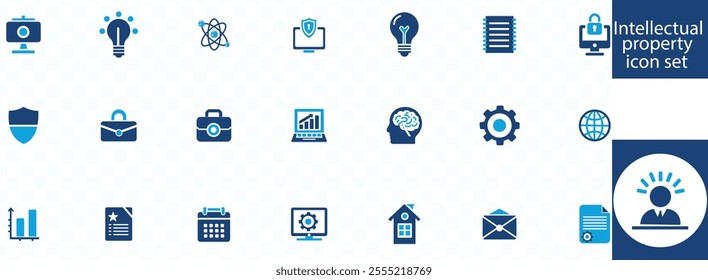 Intellectual property icon set. Containing copyright, trademark, registered, service mark, business idea, patent symbols and more. Business concept icon collection. 